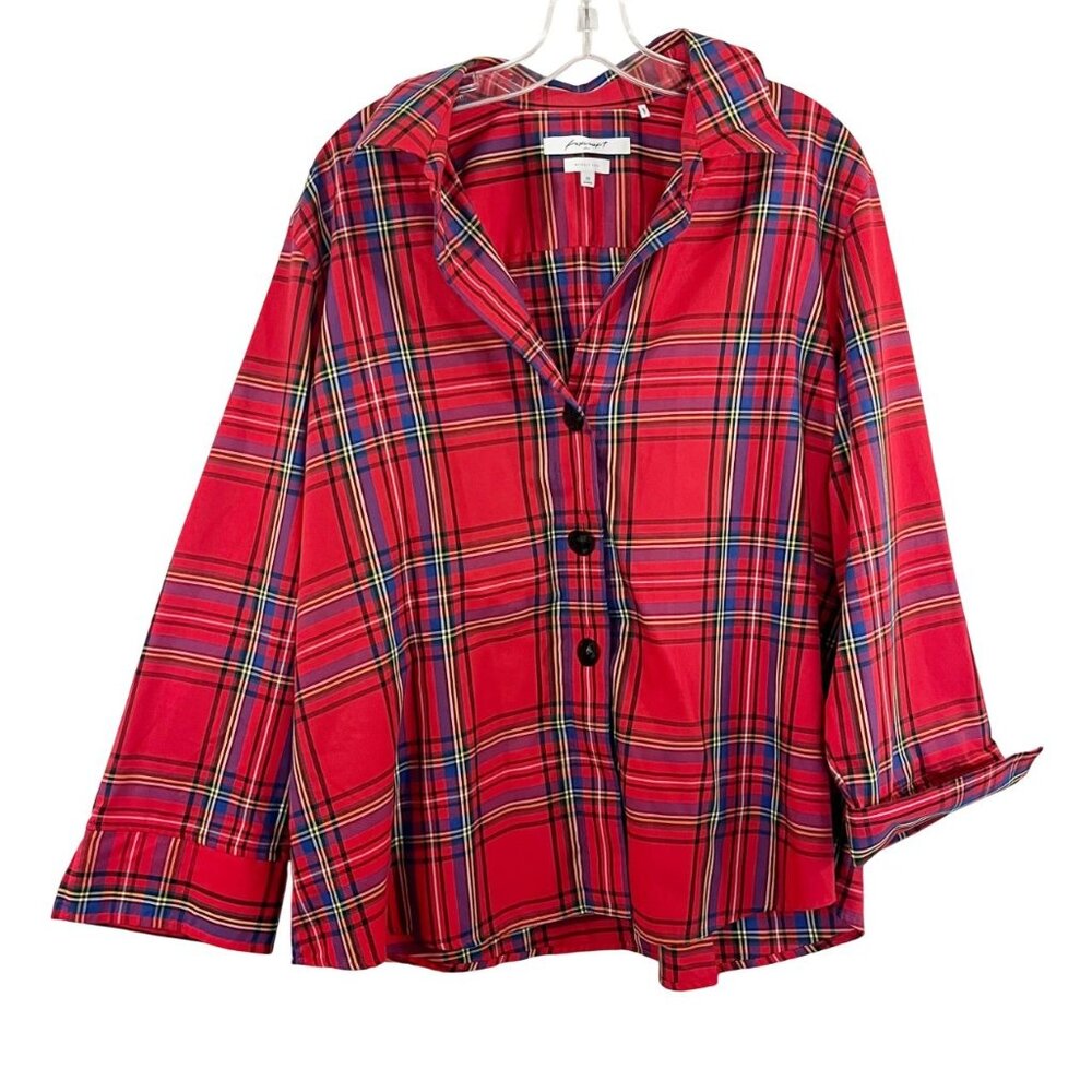 Foxcroft Wrinkle Free Red Plaid Button Front Shirt Holiday Preppy Size 18 Shaped